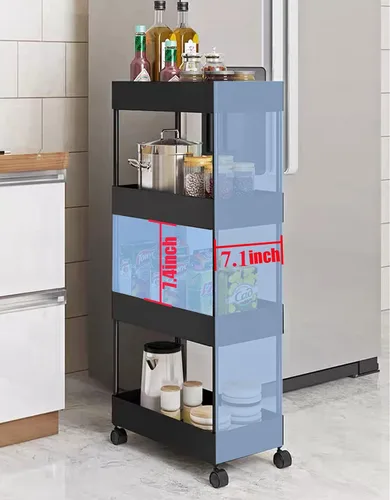 Vista 6 de Carrito de cocina delgado de 4 niveles, organizador de baño para lugares estrechos, estante de almacenamiento multiusos, carrito móvil