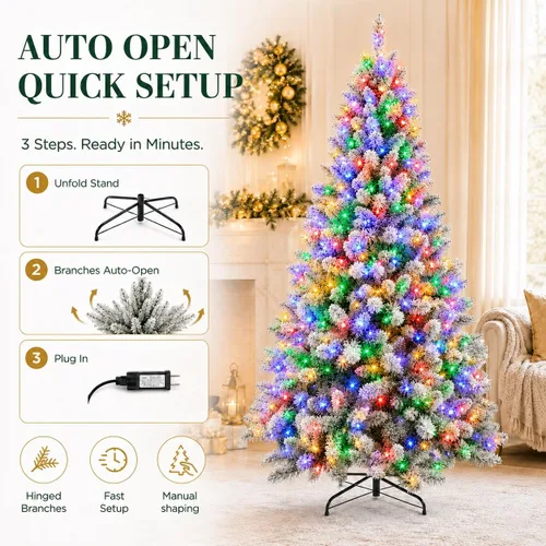 Vista 4 de Árbol de Navidad flocado de 6 pies preiluminado, árbol de Navidad Blanco (luz coloreada)