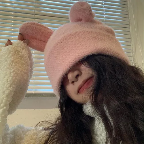 Vista 4 de Gorro de invierno con orejas de conejo 3D, gorro de ganchillo para mujeres y niñas