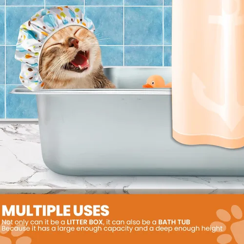 Vista 6 de Caja de arena para gatos de acero inoxidable con lados altos, nunca absorbe olores, manchas ni se oxida, superficie lisa antiadherente para gatos