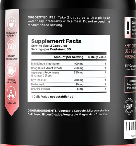 Vista 2 de B Life Company Suplemento DIM 400 mg con Myo & D-Chiro Inositol, Dong Quai - Equilibrio Hormonal para Mujeres - Suplementos de fertilidad