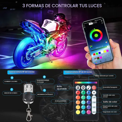 Vista 2 de 8 piezas de luces LED RGB para motocicletas para Harley Davidson Kawasaki Suzuki Yamaha Golf Cart, kit de luces LED multicolor impermeables de 12V
