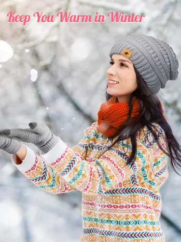 Vista 7 de Juego de 6 guantes de invierno, 3 sombreros de punto de invierno y 3 pares de guantes cálidos para pantalla táctil para mujeres y hombres al aire