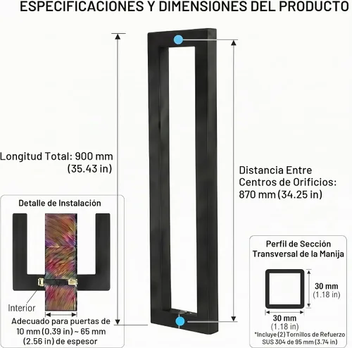 Vista 2 de TOGU TG-R3030 - Manija de puerta de acero inoxidable 304 de acero inoxidable 304 con forma cuadrada/rectangular sólida de 0.047 in de grosor