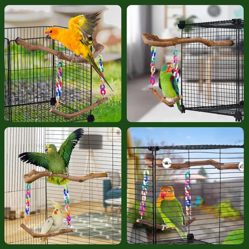 Vista 2 de Juguetes de columpio para pájaros, perca de pie con madera de uva natural, accesorios de jaula de pájaros colgantes en forma de U, juguete