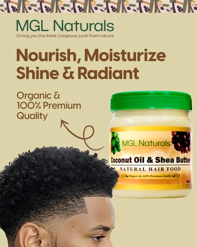 Vista 4 de MGL Naturals Aceite de Coco y Manteca de Karité Alimento Natural para el Cabello elaborado con ingredientes orgánicos. Nutre e hidrata el cabello.
