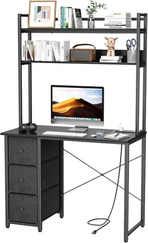 Vista 8 de Aquzee Escritorio para computadora con cajones, escritorio de 40 pulgadas con gabinete, escritorio de oficina en casa con almacenamiento, tomas