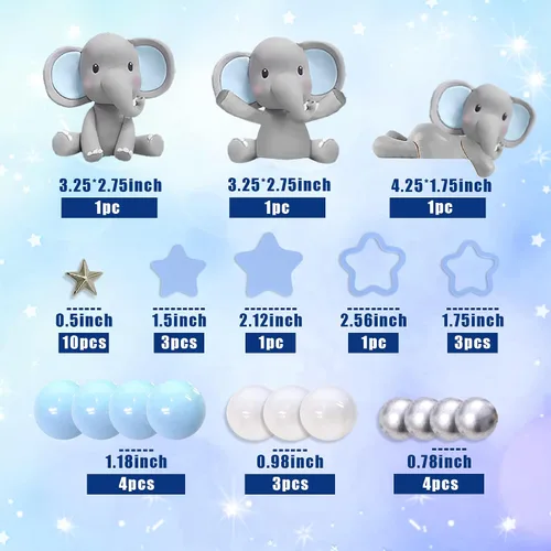 Vista 2 de 32 piezas de decoración de pastel de elefante con mini elefante, bolas de perlas azules y blancas para suministros de cumpleaños con temática