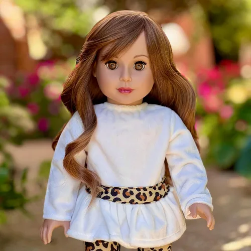 Vista 2 de Ropa Dol de 18 pulgadas, Safari de moda, traje de muñeca de 3 piezas de 18 pulgadas, túnica de terciopelo marfil, leggings de guepardo y botas