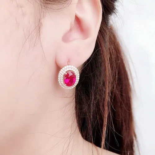Vista 6 de SAGEKING 2024 New 585 Purple Gold Plated 14K Rose Gold Inlaid Oval Ruby Earrings For Women Elegant Hollow Crystal Charm High Jewelry Gift Fashion