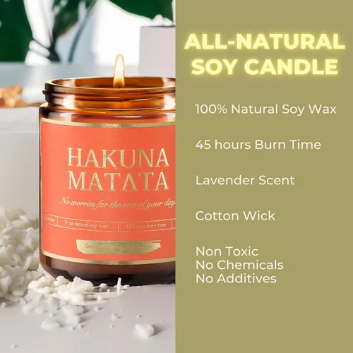 Vista 4 de Hakuna Matata - Vela perfumada de lavanda y vainilla, 100% cera de soja, mecha de algodón, largo tiempo de combustión, regalos de Disney