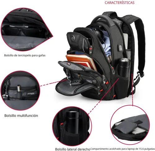 Vista 6 de Swissdigital - Mochila de diseño para viaje para hombres, compatible con TSA, con carga USB, protección RFID, mochila de negocios para laptops