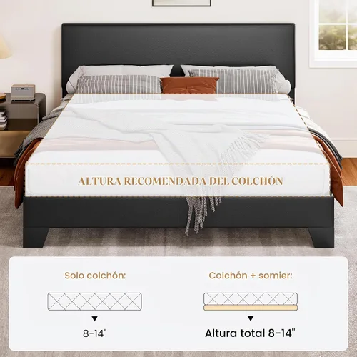 Vista 6 de SHA CERLIN Base de cama tapizada de plataforma negra tamaño Queen con cabecera ajustable de 3 niveles de altura, soporte de listones de madera,
