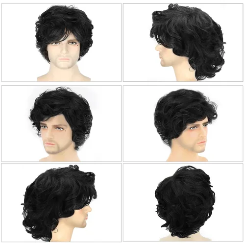 Vista 4 de Peluca negra corta para hombre, peluca de cabello ondulado y esponjoso para hombres y niños, cabello sintético natural para disfraz de Halloween