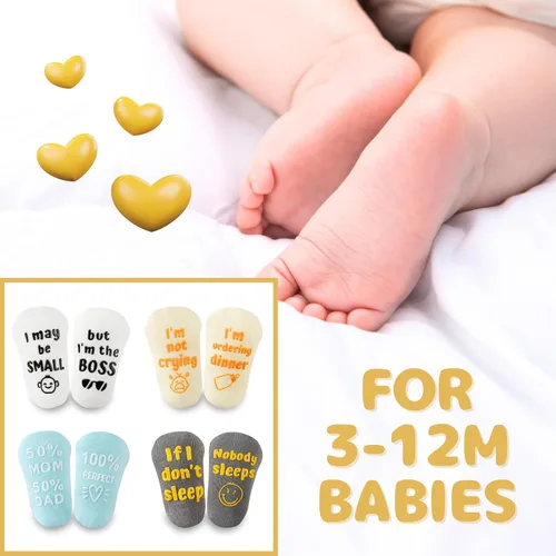 Vista 5 de InnoBeta Juego de calcetines para bebé con citas divertidas (4 pares) calcetines para recién nacidosbebés para baby shower, revelación de género