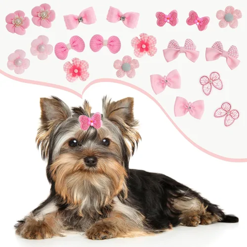 Vista 4 de 20 lazos para el pelo de perros pequeños color rosa claro, lazo para el pelo a granel con bandas de goma elásticas de encaje con diamantes