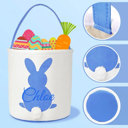 Vista 3 de Cesta de lona de Pascua personalizada con asa, cubo de huevo y conejo, color azul