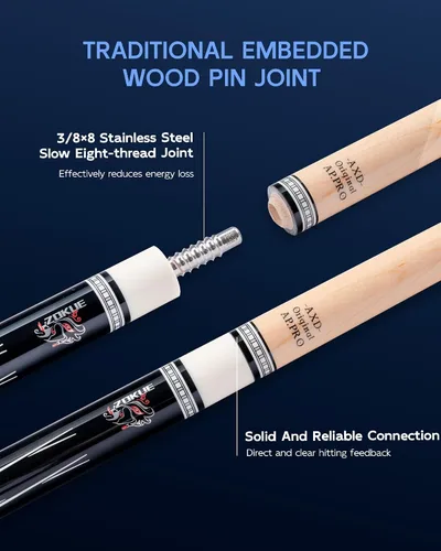 Vista 8 de KONLLEN Maple Pool Cue Stick, Low Deflection with Extension and Case Hard maple shaft, 3/8x8 joint, leather grip, 19-20oz adjustable weight, 8 in