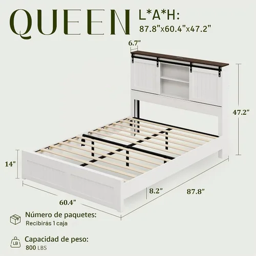 Vista 2 de Marco de cama tamaño Queen con cabecera de almacenamiento, luces de lectura, color blanco Blanco antiguo