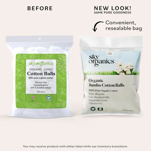 Vista 2 de Sky Organics Bolas de algodón jumbo para piel sensible, 100% algodón orgánico puro cultivado de forma sostenible, sin cloro, hipoalergénicas