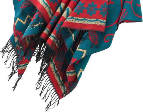 Vista 5 de Poncho con flecos, con estampado vintage, estilo retro, a la moda, para mujer. Capa, chal.