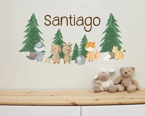 Vista 2 de Vinilo adhesivo de pared con nombre personalizado, diseño de animales del bosque, animales del bosque, para habitación de niños, guardería, árboles