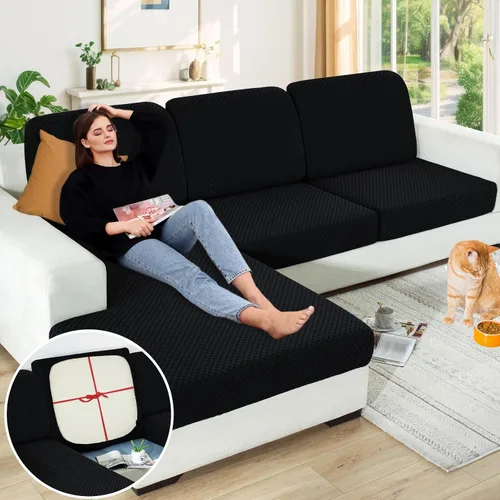 Vista 71 de YEMYHOM Funda de cojín para sofá, funda de cojín de asiento de alta elasticidad, tela jacquard geométrica de felpa, protector de sofá antideslizante