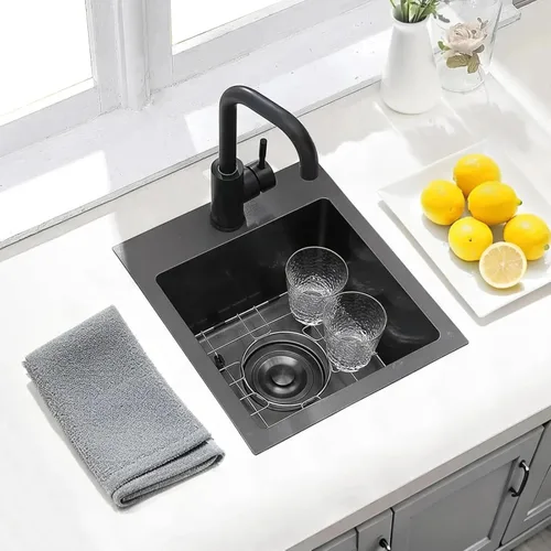 Vista 3 de Hotis Fregadero de Barra Negro Empotrable, Fregadero de Cocina Pequeño de 15x15 de Un Solo Tazón, Fregaderos Negros de Acero Inoxidable para Bar