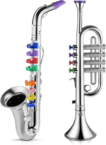 Vista 8 de Lewtemi Juego de 2 instrumentos musicales que incluyen trompeta de juguete y saxofón, trompeta de plástico, juguete educativo de Navidad, regalo