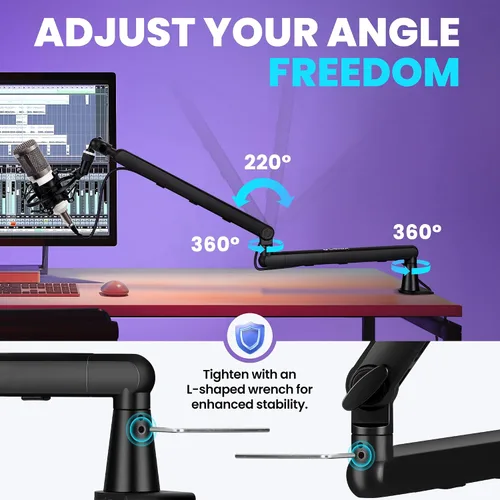 Vista 5 de CAHAYA Brazo de brazo para micrófono, soporte de brazo de micrófono ajustable de perfil bajo con poste de extensión de 3.5 pulgadas, adaptador