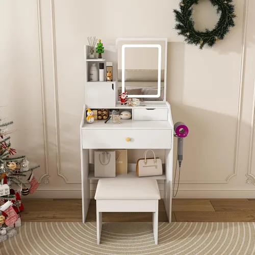 Vista 11 de Escritorio de tocador 3 en 1 con espejo y luces, pequeño juego de tocador de maquillaje con escritorio de vidrio visible, tocador de maquillaje