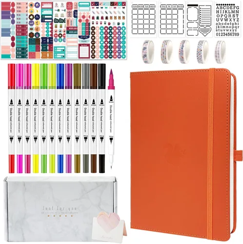 Vista 8 de Y&I - Kit de diario de viñetas punteadas de tapa dura A5 con 184 páginas numeradas, papel grueso de 120GSM, plantillas, calcomanías, bolígrafos