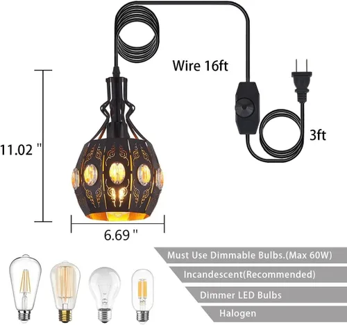 Vista 6 de YLONG-ZS Lámpara Colgante Swag Luces con Enchufe Luz Colgante con Enchufe, Luces Colgantes con Cable con Enchufe Pequeña Negra Vintage Rústica