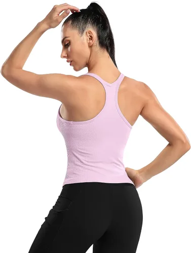 Vista 124 de ATTRACO Camiseta corta acanalada de entrenamiento para mujer con brasier integrado para yoga, espalda cruzada, ajuste ajustado