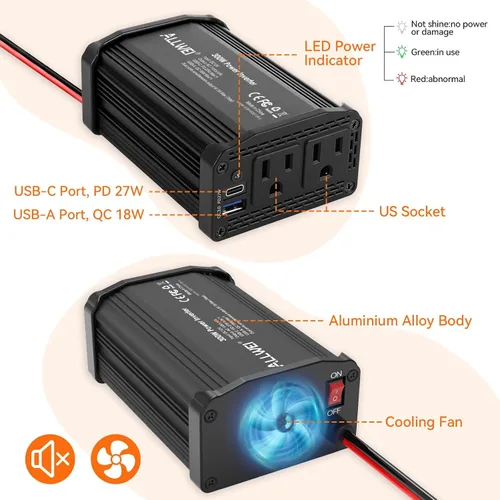 Vista 4 de ALLWEI - Inversor de corriente de 300 W, adaptador de toma de corriente con enchufe para coche, CC 12 V a CA 110 V, con cargador rápido USB-C PD