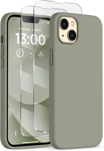 Vista 32 de Funda delgada para iPhone 13 de 6.1 pulgadas, silicona líquida a prueba de golpes, con forro de microfibra suave antiarañazos, 2 protectores