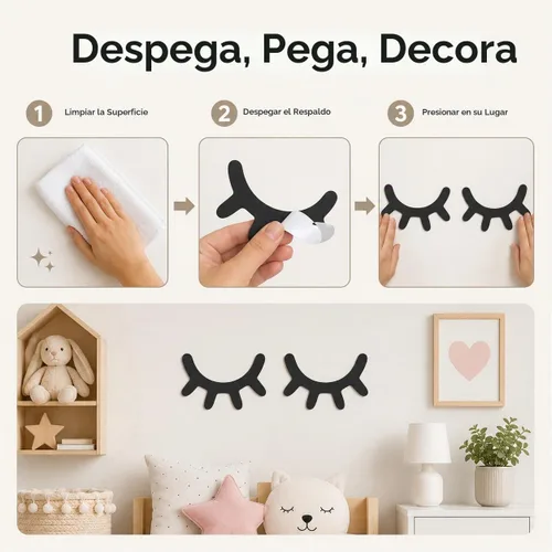Vista 6 de VOSAREA Decoración de pared de ojos dormilones: calcomanía de pared de pestañas de madera, decoración de guardería, calcomanías 3D de ojos