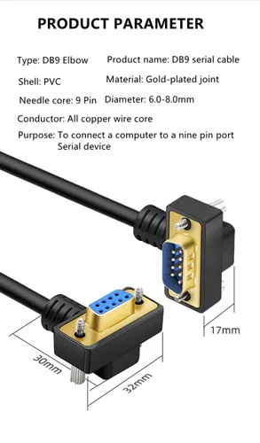 Vista 7 de DB9 RS232 Cable de puerto serie de ángulo recto macho a hembra 9 pines chapado en oro RS232 COM Cable de conexión (16.4 ft)