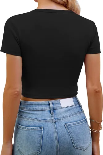 Vista 2 de Artfish Camiseta básica para mujer, cuello redondo, manga corta, ajustada, casual, para entrenamiento