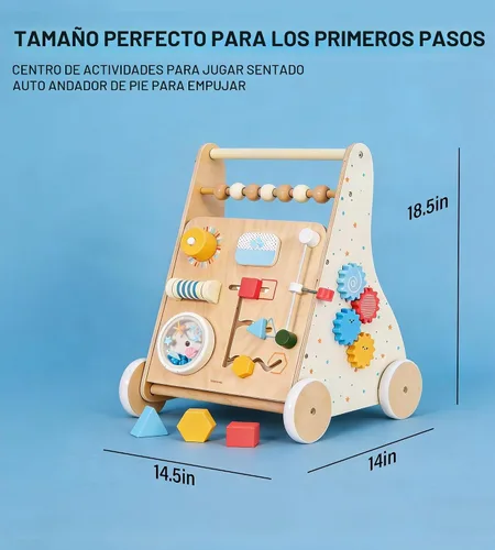 Vista 7 de Andador de madera para bebés, centro de actividades Montessori 8 Andador de bebé con ruedas de velocidad ajustable y almacenamiento trasero, juguete