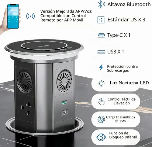 Vista 5 de APP Control remoto Pop Up Outlet, 3AC/2USB, cargador inalámbrico de 15 W Negro