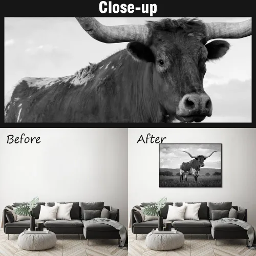 Vista 5 de Visual Art Decor Lienzo de animales extragrandes para pared, decoración de Texas, lienzo giclée de cuerno largo, pintura con marco flotante negro