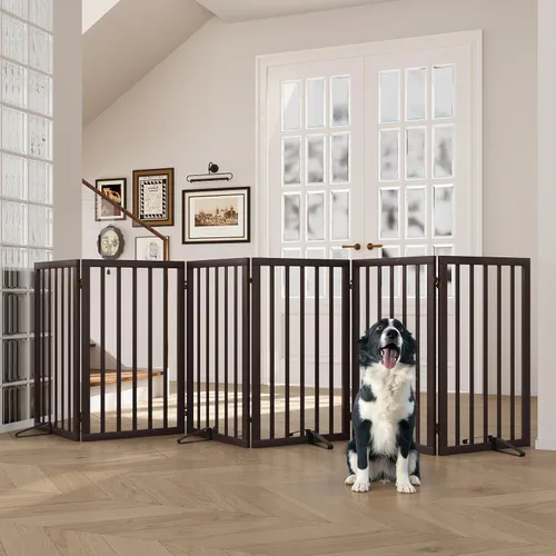 Vista 39 de Semiocthome Puertas de bambú para perros para interiores, puertas independientes de 2 paneles para cachorros para la casa con 2 soportes de metal