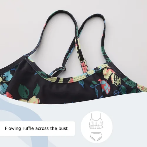 Vista 4 de Traje de baño de dos piezas para niñas, traje de baño hawaiano para niñas de 3 a 16 años Negro Rosa Rojo Floral