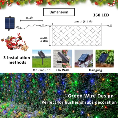 Vista 6 de Luces Solares de Red para Exteriores, 360 LED USB Luces de Malla Multicolor Impermeables para Arbustos, 21 pies x 5 pies, 8 Modos Luz de Cadena