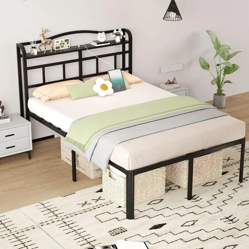 Vista 7 de Base de cama de metal de 18 pulgadas, base de colchón básica de plataforma resistente de color negro con cabecera y estación de carga, no necesita