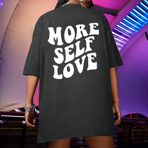 Vista 5 de Más camisetas con eslogan de amor propio para mujer, camisetas de verano de gran tamaño, camisetas gráficas de hombros caídos, camiseta de manga