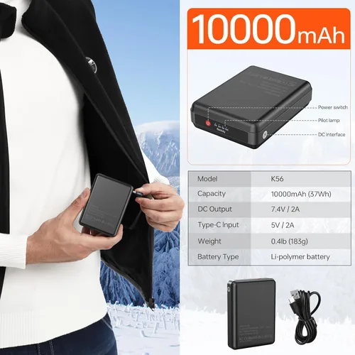 Vista 2 de JYK Men's Polar Fleece Heated Vest with 10000mAh 7.4V2A Battery Pack, 6 Heating Zones