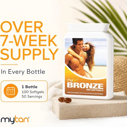 Vista 7 de Píldoras para bronceado MyTan Bronze, 100 cápsulas de gel, de beta caroteno, sin sol