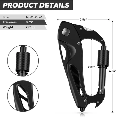 Vista 2 de Herramienta múltiple con mosquetón con cuchillo de bolsillo, equipo de supervivencia para camping y senderismo, llavero con mosquetones EDC